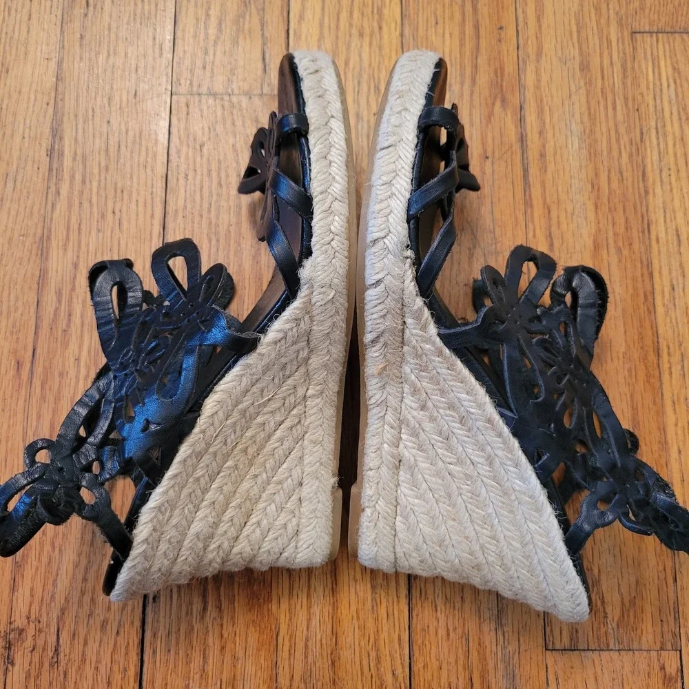 Eric Michael 7‎ Black Leather Floral Cutout Espadrille Wedge Sandals JILLIAN 37